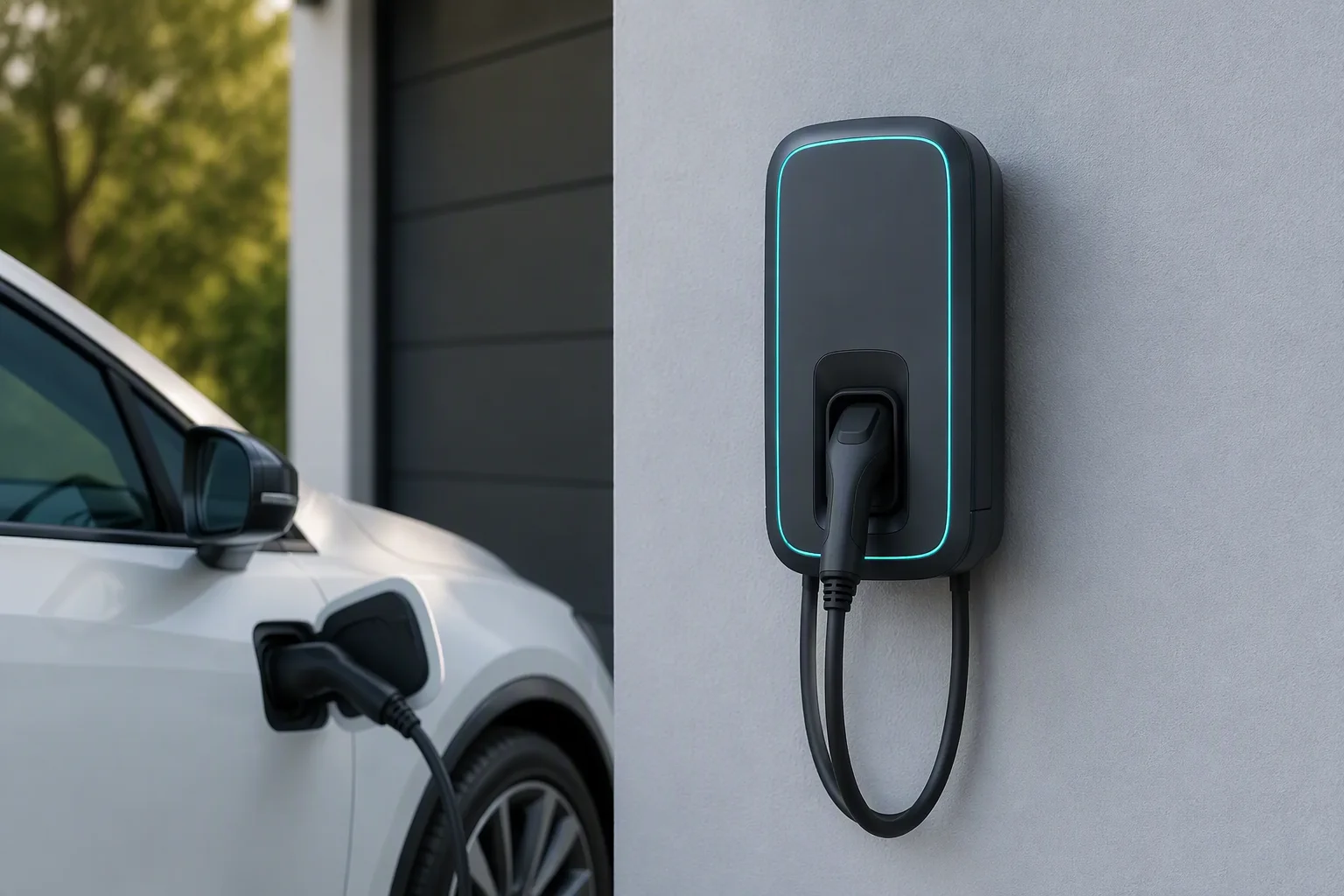 Voltix AC wallbox charging an electric vehicle in a residential garage