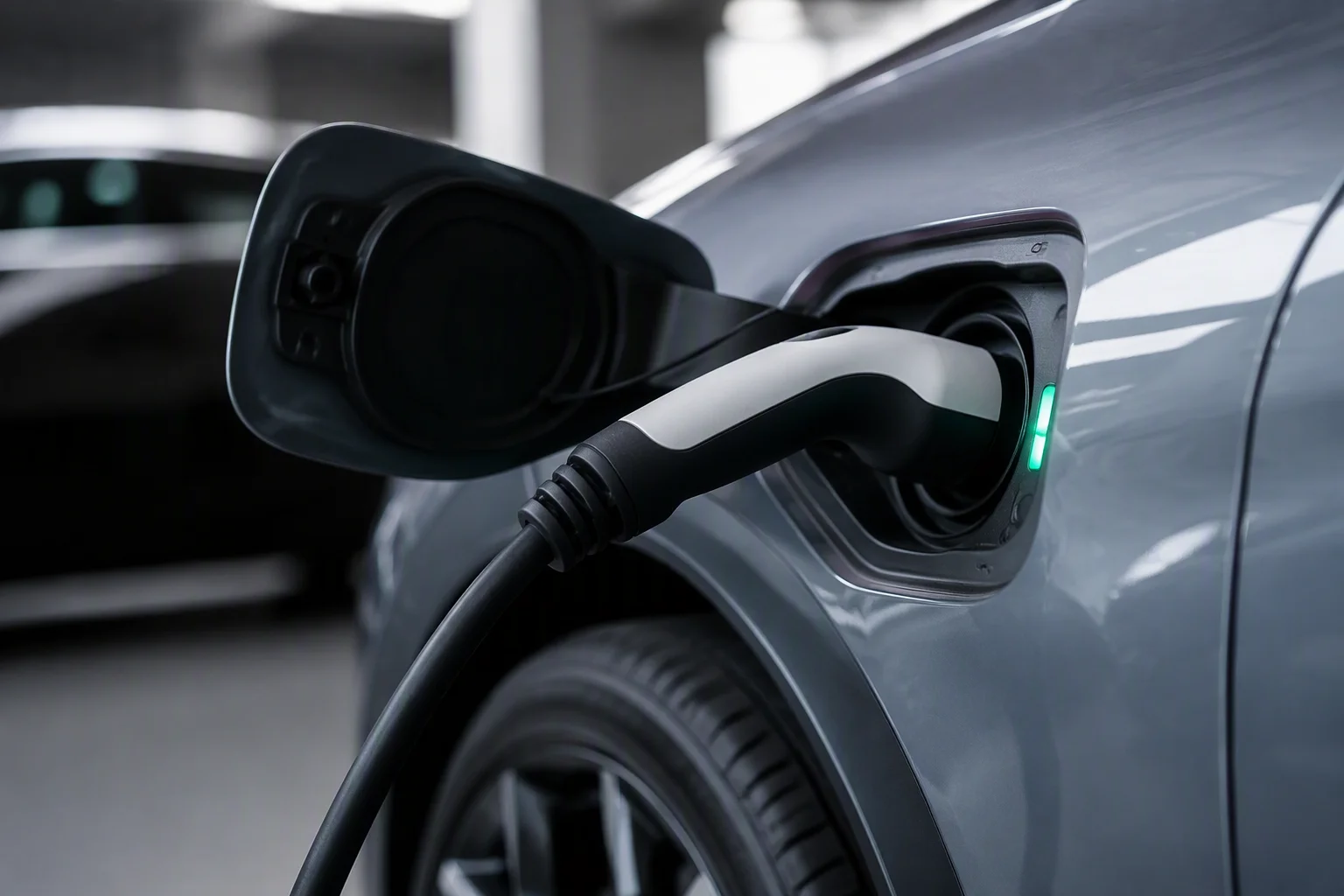 EV charging cable plugged into a car port with a teal indicator light