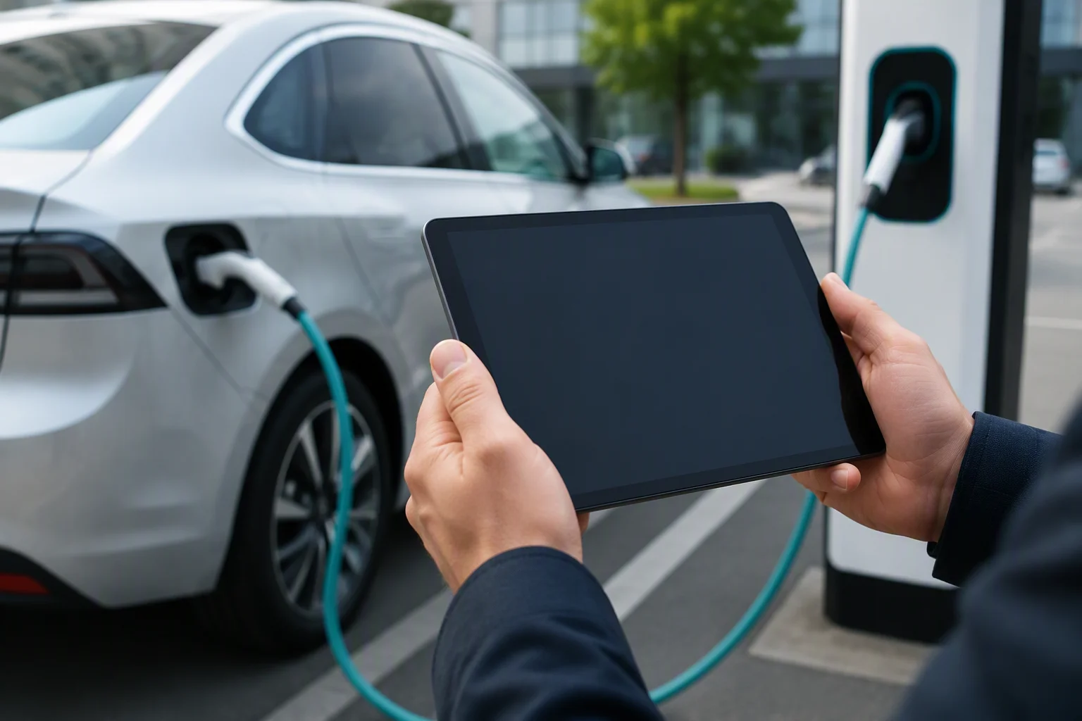 Hands holding a tablet beside an electric car being charged