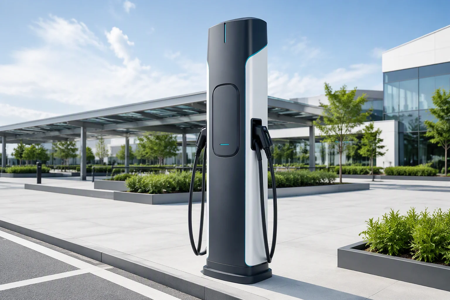 Voltix DC fast charger charging an electric vehicle at a public station