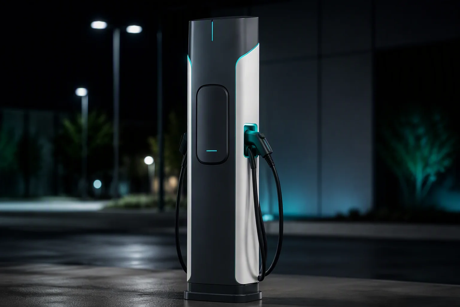 Voltix DC fast charger lit at night in a service area