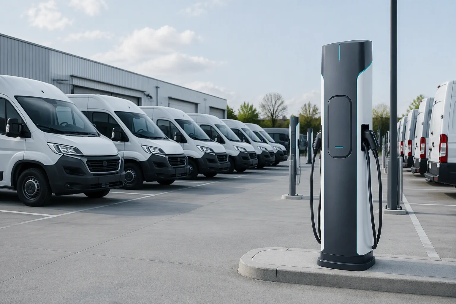 DC fast charging pillars at a logistics fleet depot with electric vans