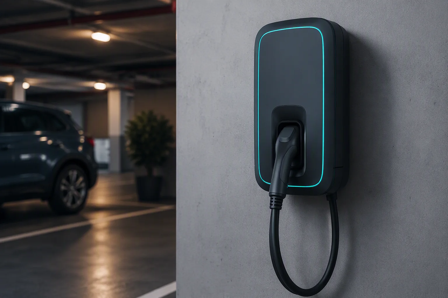 EV wallbox in an elegant hotel underground parking