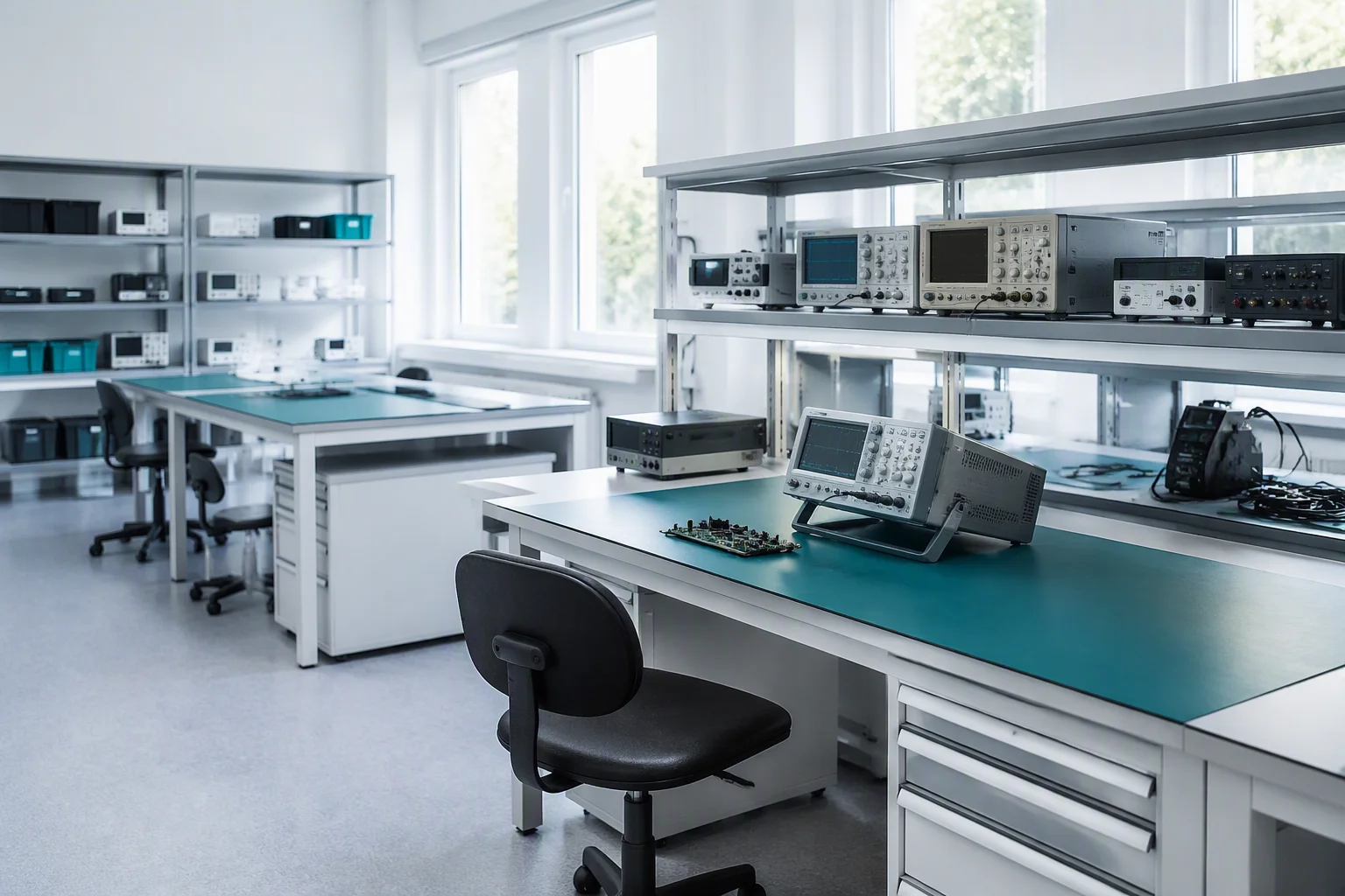 Voltix quality lab with a charger undergoing electrical safety testing